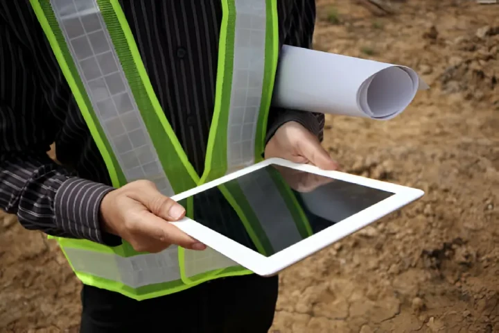 Maintenance and Operation Plan Overview in New York, A Inspector in a safety vest holding a tablet and rolled blueprints of maintenance report